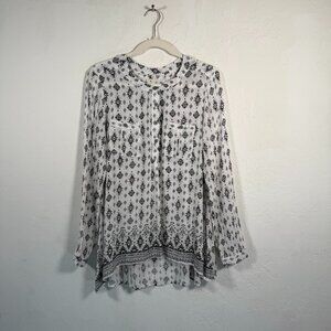 En Crème White Black Ikat Design Band Collar Hi-Low Hem Pocket Tunic Top Size M